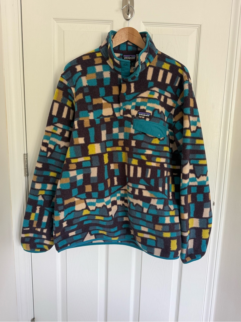 Men’s Patagonia Synchilla Snap T Fleece Fitz Roy Patchwork Belay Blue Size L